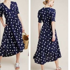 Anthropologie blue and white polka dot wrap dress